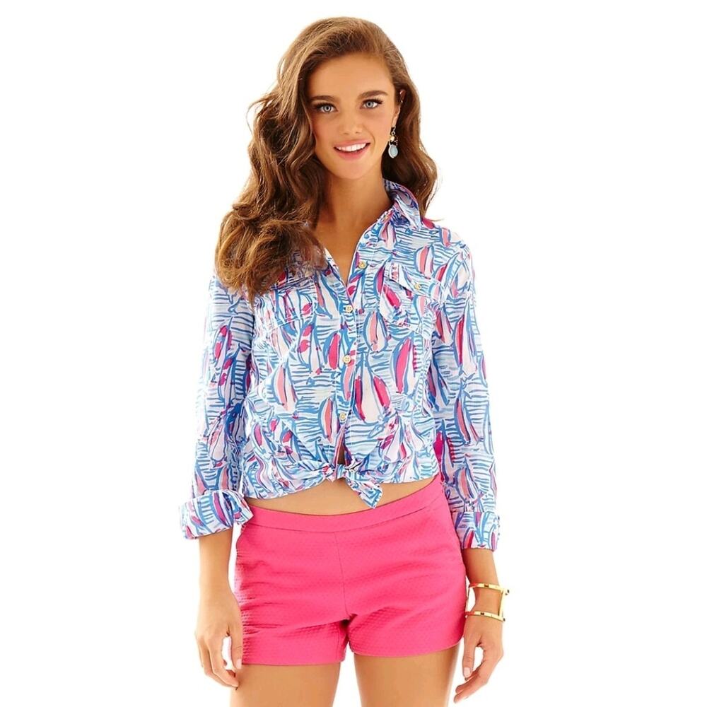 Lilly Pulitzer Red Right Return Sailboat Print Cruiser Cotton Top 12